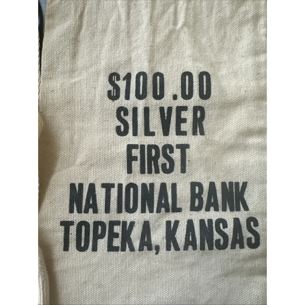 2 Vintage Bank $100 Silver First National Bank Topeka Kansas Canvas Money Sack